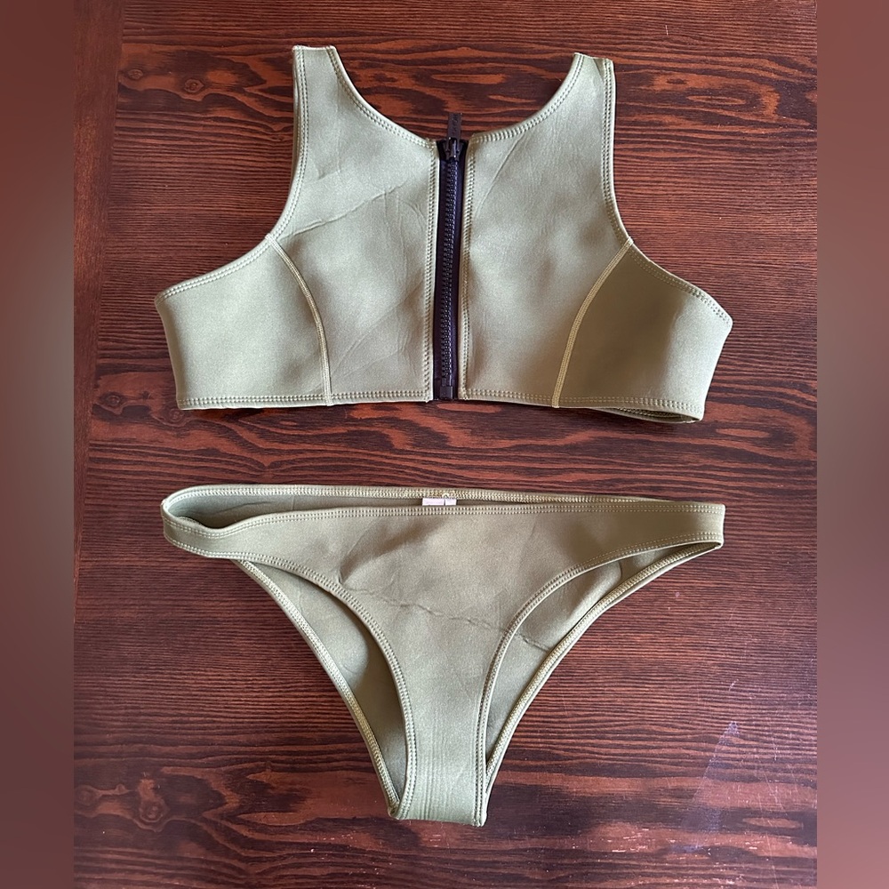 Olive Green Front-Zip Bikini Set - Women's Swim